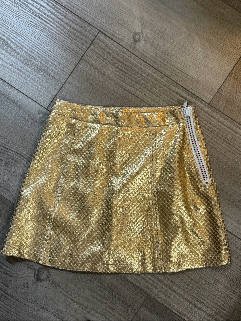 Queen of Sparkles Gold Metallic Mini Skirt with Embellished multi colored Zip